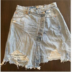 Free People Women's Asymmetrical Distressed Denim Skirt Size 26 Button Down Boho